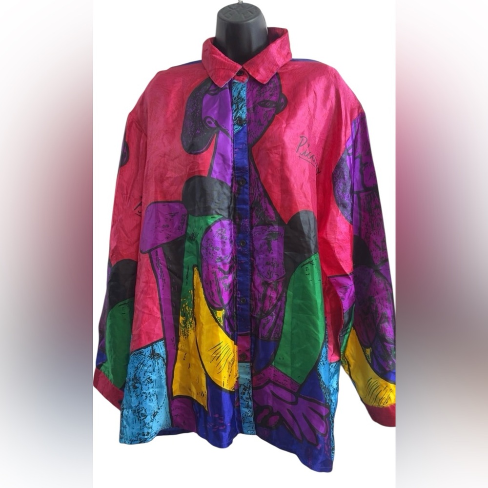 Vintage Picasso 1980s Satin Abstract Art shirt buttons up XXL MADE IN KOREA - Picture 10 of 12